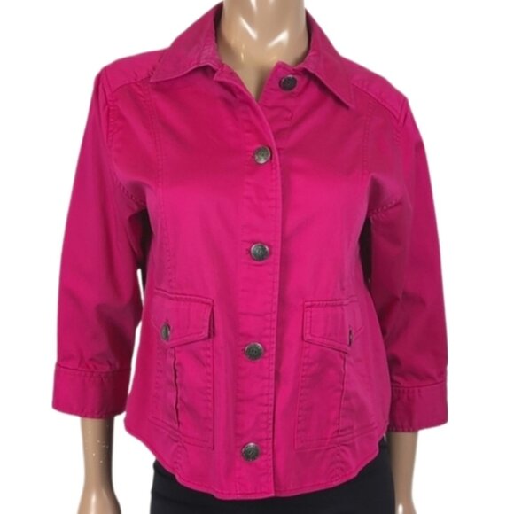 Peter Nygard Fuchsia Pink Jean Jacket Cropped Sleeve Cotton Denim Buttoned - Picture 1 of 15
